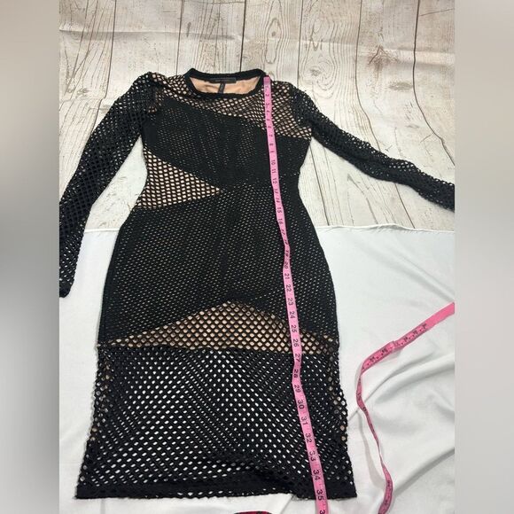 BCBGMAXAZRIA Asymmetrical Mesh Body-Con Dress Black Nude - Picture 10 of 11